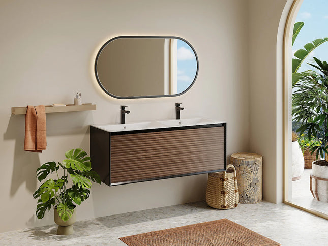 Meuble de salle de bain strié suspendu avec vasque à encastrer - Naturel foncé et noir - 120 cm - Les éphémères