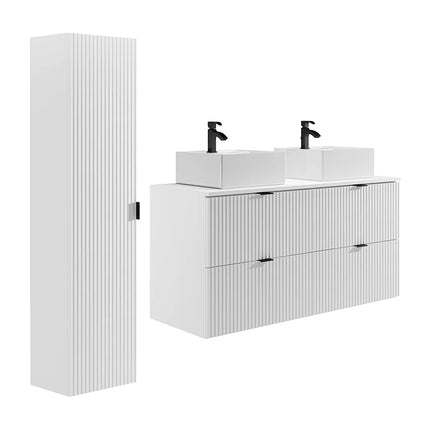 Meuble de salle de bain rainuré mat avec vasque à poser carrée double - Blanc - 120 cm - Good for Planet