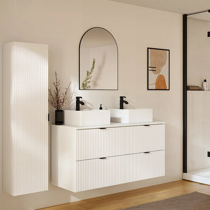 Meuble de salle de bain rainuré mat avec vasque à poser carrée double - Blanc - 120 cm - Good for Planet