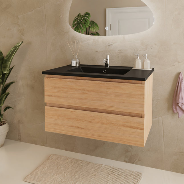 Meuble de salle de bains suspendu chêne clair avec vasque noire en marbre minéral - 80 cm - Marenza