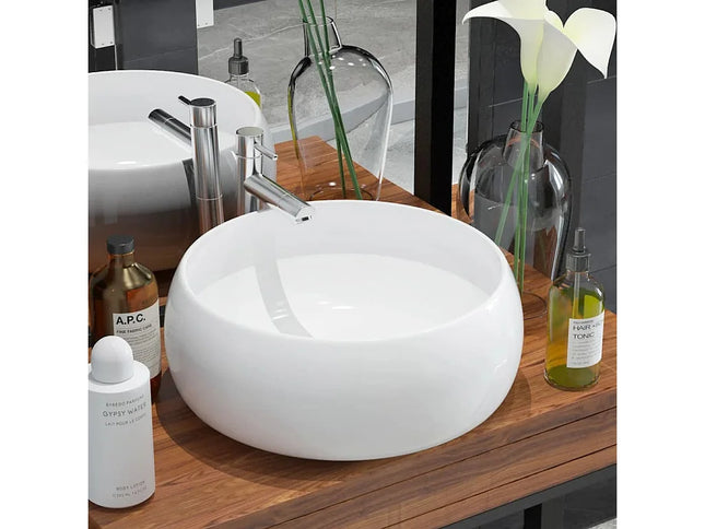 Lavabo à poser en céramique brillante avec vasque ronde - Blanc - 40 cm - DS CONCEPT