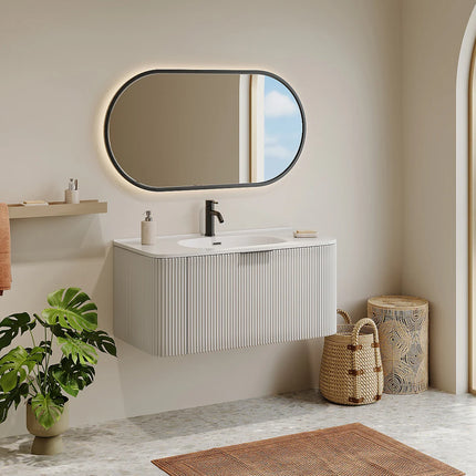 Meuble de salle de bain suspendu rainuré avec vasque à encastrer - Terracotta - 99 cm - LOMERI