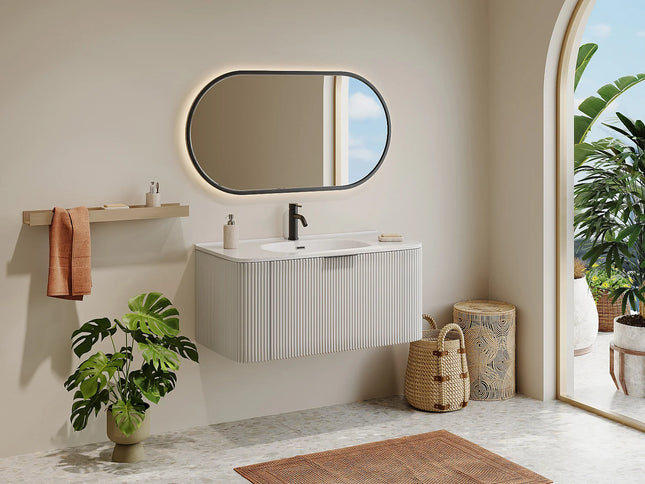 Meuble de salle de bain suspendu rainuré avec vasque à encastrer - Terracotta - 99 cm - LOMERI