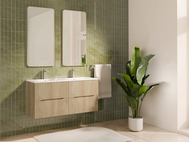 Meuble de salle de bain suspendu strié avec double vasque à encastrer - Naturel clair - 120 cm - ORISO