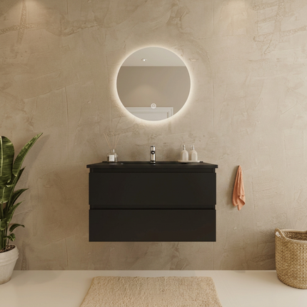 Meuble de salle de bains suspendu mat noir avec vasque en marbre minéral noire - 80 cm - Marenza