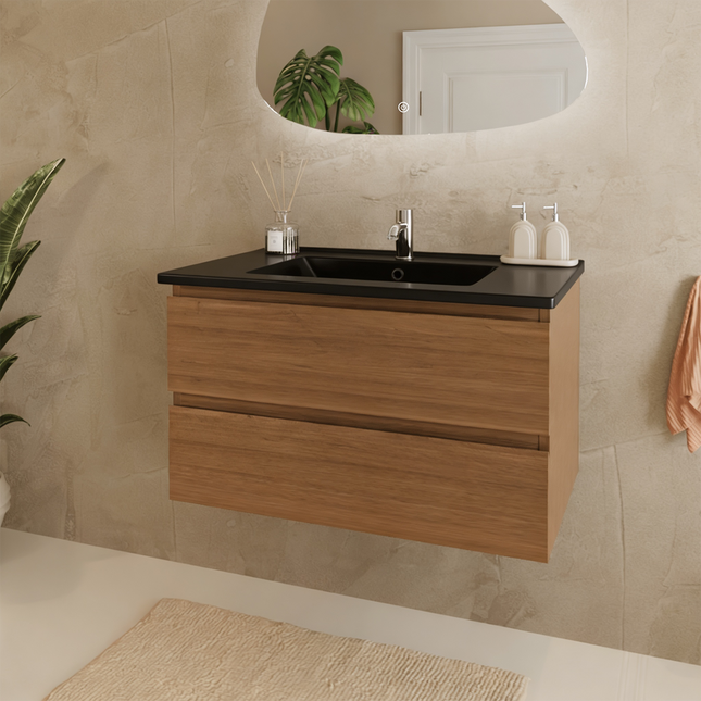 Meuble suspendu avec vasque en marbre minéral - Noir - 80 cm - Marenza