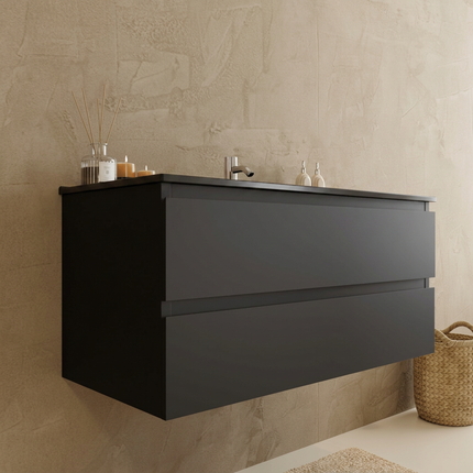 Meuble de salle de bains suspendu design épuré avec lavabo minéral - noir - 100 cm - Marenza