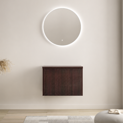 Meuble bas suspendu cannelé sans vasque - Noyer chaud - 60 cm - Messina