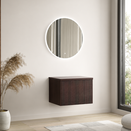 Meuble bas suspendu cannelé sans vasque - Noyer chaud - 60 cm - Messina