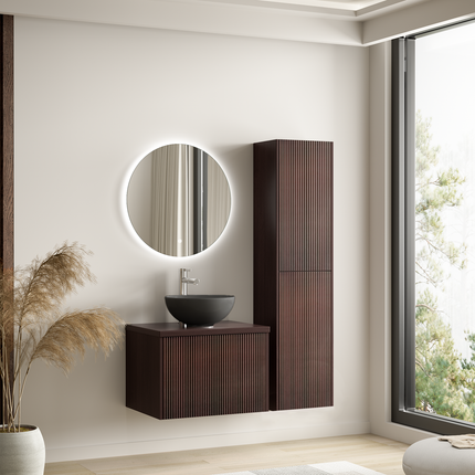 Meuble de salle de bains suspendu à nervures arrondies avec vasque céramique noire - Noyer - 60 cm - Messina