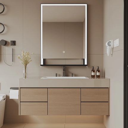 Miroir de salle de bain lumineux avec étagère intégrée - Noir mat - 60 cm - Les Astucieux