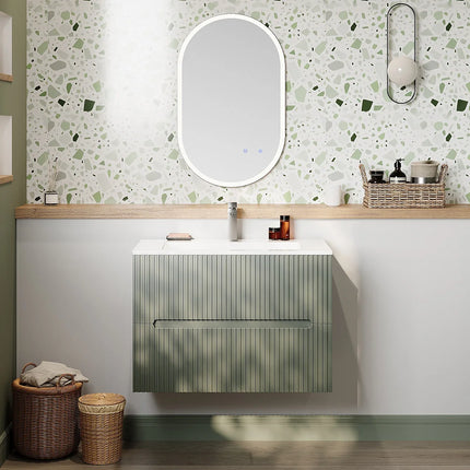 Meuble de salle de bain suspendu rainuré avec vasque à encastrer - Vert - 80 cm - PAVANI