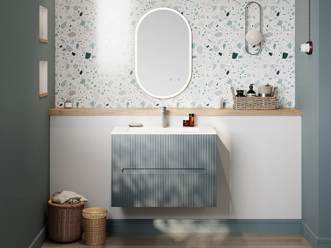 Meuble de salle de bain suspendu rainuré avec vasque à encastrer et miroir LED - Bleu ciel - 80 cm - PAVANI