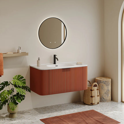 Meuble de salle de bain suspendu rainuré avec vasque à encastrer - Terracotta - 99 cm - LOMERI