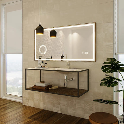Miroir lumineux LED avec horloge digitale et anti-buée - Doré - 120 cm - AITANA