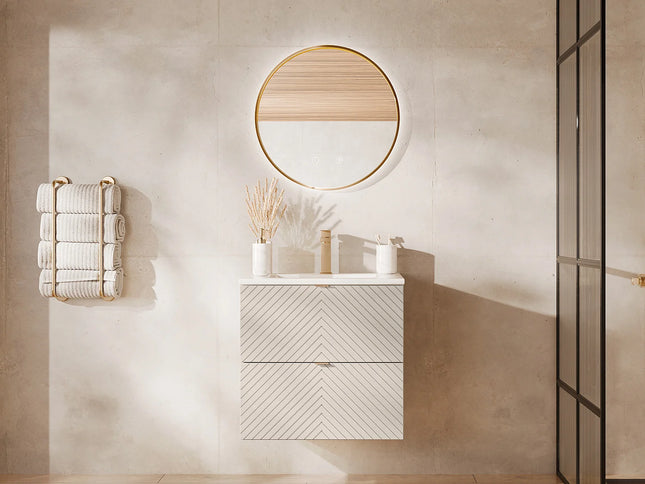 Meuble de salle de bain suspendu rainuré avec vasque à encastrer - Beige - 60 cm - DORIONI