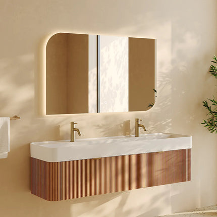 Meuble de salle de bain suspendu en bois de frêne avec double vasque à encastrer - Naturel clair - 150 cm - Espace pro