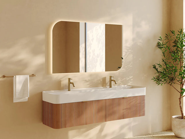 Meuble de salle de bain suspendu en bois de frêne avec double vasque à encastrer - Naturel clair - 150 cm - Espace pro