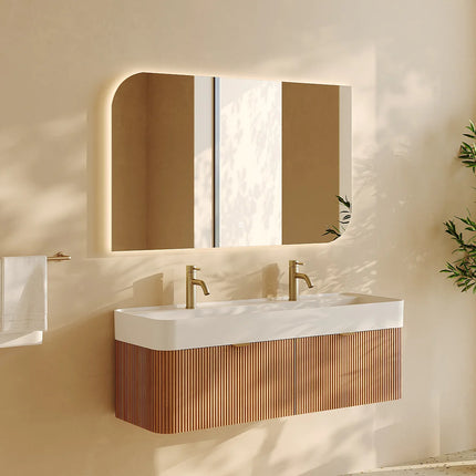 Meuble de salle de bain suspendu avec double vasque à encastrer - Naturel clair - 120 cm - Espace pro