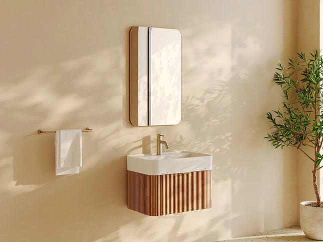 Meuble de salle de bain suspendu en placage frêne avec vasque à encastrer en résine blanc mat - Naturel clair - 60 cm - Espace pro