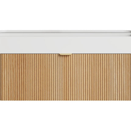 Meuble de salle de bain suspendu en placage frêne avec vasque à encastrer en résine blanc mat - Naturel clair - 100 cm - Espace pro