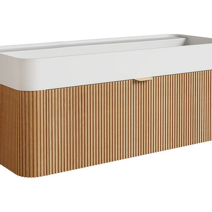 Meuble de salle de bain suspendu en placage frêne avec vasque à encastrer en résine blanc mat - Naturel clair - 100 cm - Espace pro