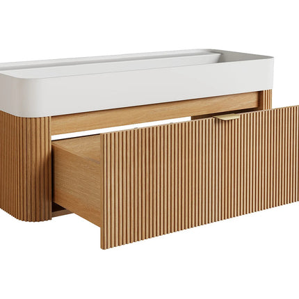 Meuble de salle de bain suspendu en placage frêne avec vasque à encastrer en résine blanc mat - Naturel clair - 100 cm - Espace pro
