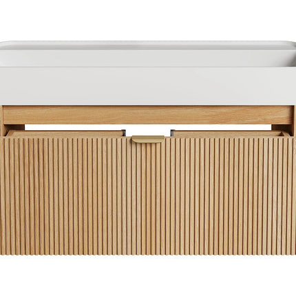 Meuble de salle de bain suspendu en placage frêne avec vasque à encastrer en résine blanc mat - Naturel clair - 100 cm - Espace pro