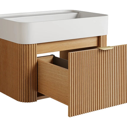 Meuble de salle de bain suspendu en placage frêne avec vasque à encastrer en résine blanc mat - Naturel clair - 60 cm - Espace pro