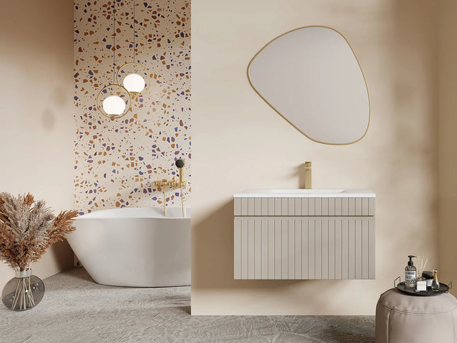 Meuble de salle de bain rainuré suspendu avec vasque à encastrer - Rose poudré - 60 cm - SATARA