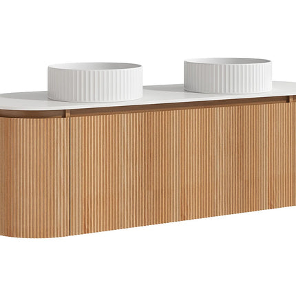 Meuble de salle de bain suspendu strié avec double vasque à poser ronde - Naturel clair - 150 cm - LILIKO