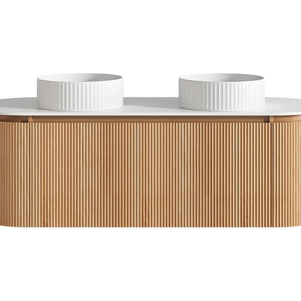 Meuble de salle de bain suspendu strié avec double vasque à poser ronde - Naturel clair - 150 cm - LILIKO
