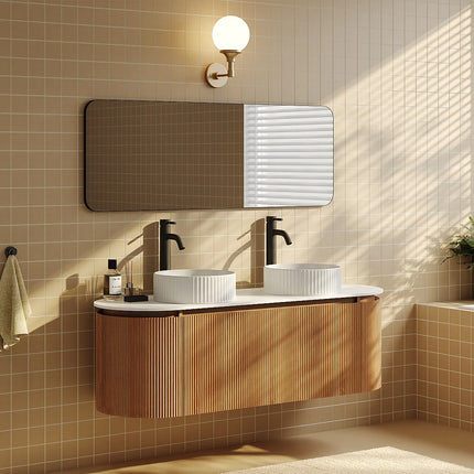 Meuble de salle de bain suspendu strié avec double vasque à poser ronde - Naturel clair - 150 cm - LILIKO