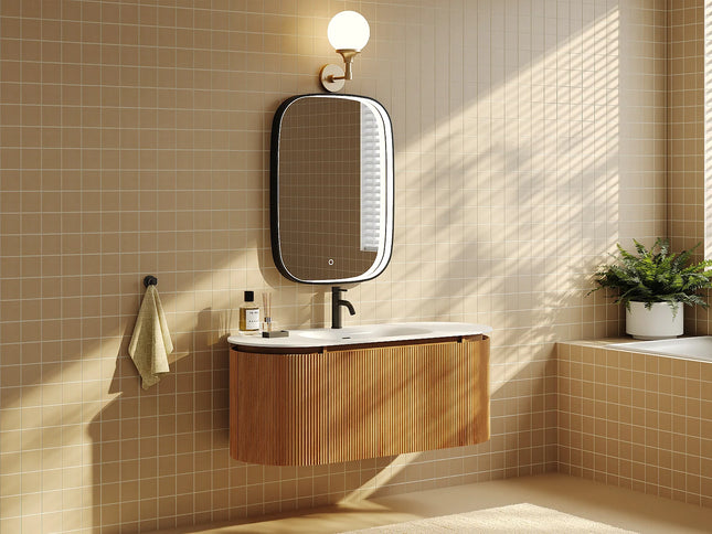 Meuble de salle de bain suspendu strié avec vasque à encastrer en résine blanc mat - Naturel clair - 120 cm - LILIKO