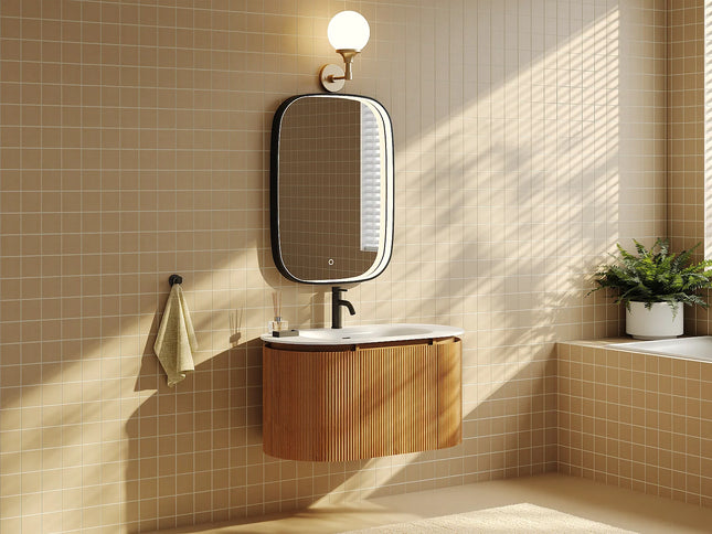 Meuble de salle de bain suspendu strié avec vasque à encastrer en résine blanc mat - Naturel clair - 90 cm - LILIKO