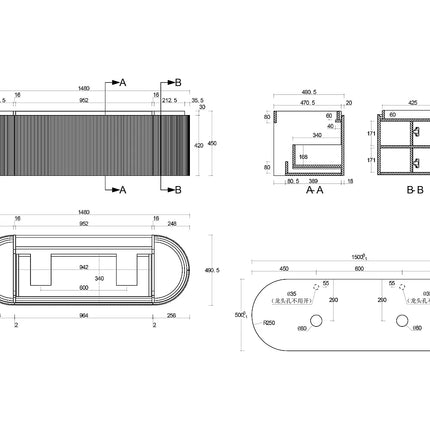 Meuble de salle de bain suspendu strié avec double vasque à poser ronde - Naturel clair - 150 cm - LILIKO
