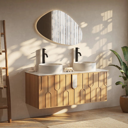 Meuble de salle de bain texturé suspendu avec double vasque à poser ronde - Naturel clair - 120 cm - MERKAN