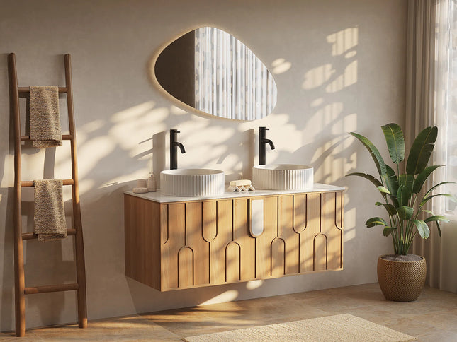 Meuble de salle de bain texturé suspendu avec double vasque à poser ronde - Naturel clair - 120 cm - MERKAN