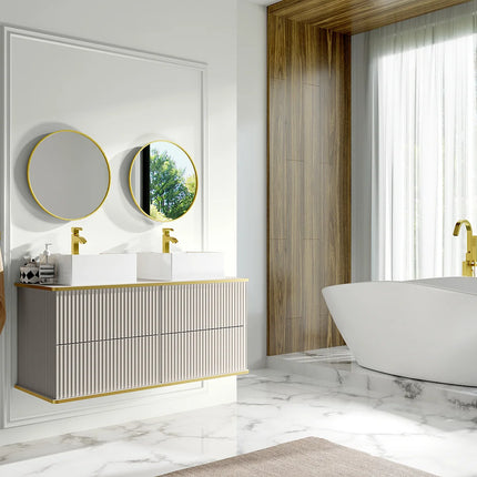 Meuble de salle de bain suspendu rainuré avec double vasque à poser carrée - Beige - 120 cm - KELIZA