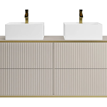 Meuble de salle de bain suspendu rainuré avec double vasque à poser carrée - Beige - 120 cm - KELIZA