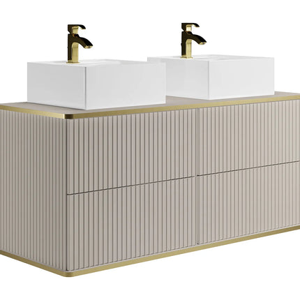 Meuble de salle de bain suspendu rainuré avec double vasque à poser carrée - Beige - 120 cm - KELIZA