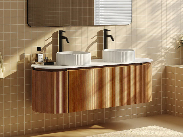 Meuble de salle de bain suspendu strié avec double vasque à poser ronde - Naturel clair - 150 cm - LILIKO