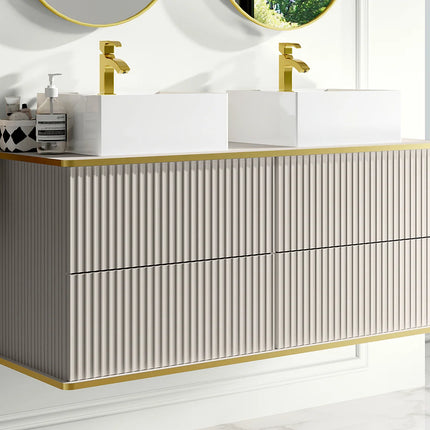 Meuble de salle de bain suspendu rainuré avec double vasque à poser carrée - Beige - 120 cm - KELIZA