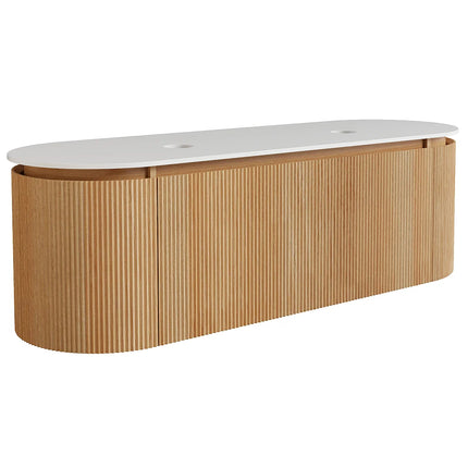 Meuble sous vasque suspendu strié avec plan en pierre frittée - Naturel clair - 150 cm - LILIKO