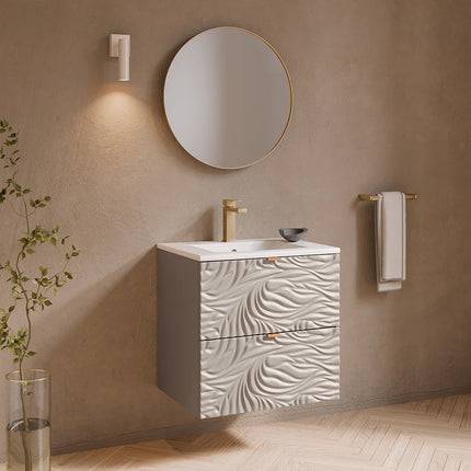 Meuble de salle de bain suspendu texturé avec vasque à encastrer - Beige - 60 cm - RINAREL
