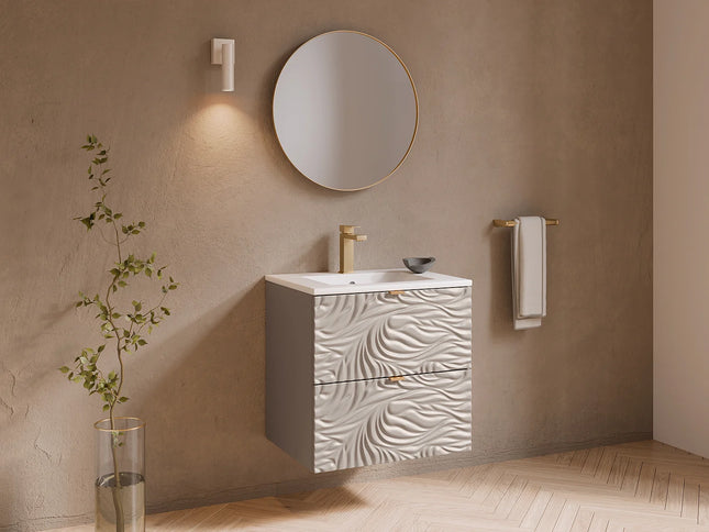 Meuble de salle de bain suspendu texturé avec vasque à encastrer - Beige - 60 cm - RINAREL