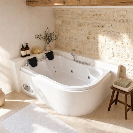 Baignoire balnéo d’angle à poser avec étagère intégrée - Blanche - 181 cm - RAFINA