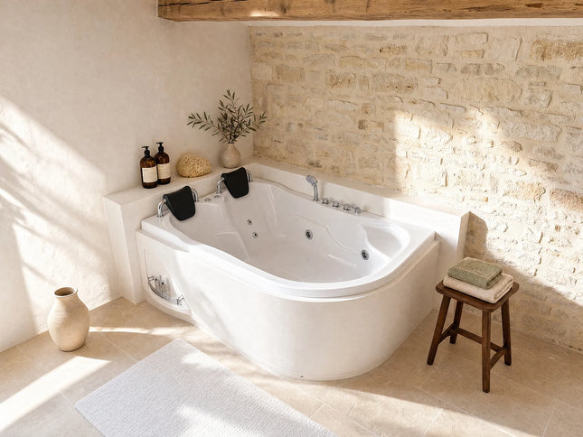 Baignoire balnéo d’angle à poser avec étagère intégrée - Blanche - 181 cm - RAFINA