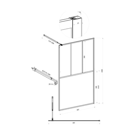 Paroi de douche style industriel avec barre de stabilisation ajustable - Noir mat - 100 cm - URBANIK