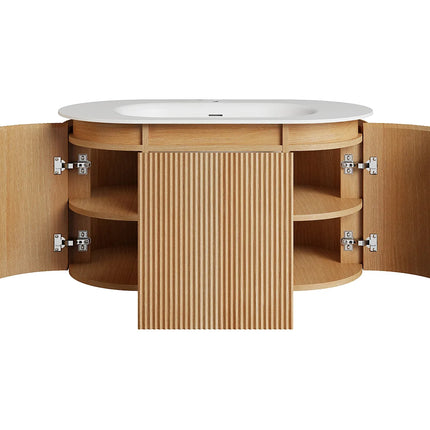 Meuble de salle de bain suspendu strié avec vasque à encastrer en résine blanc mat - Naturel clair - 90 cm - LILIKO